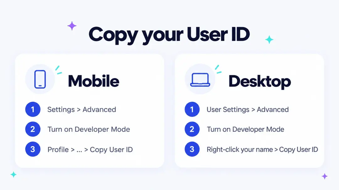 Copy your Discord User ID on mobile and desktop: open Advanced settings, turn on Developer Mode, then Copy User ID