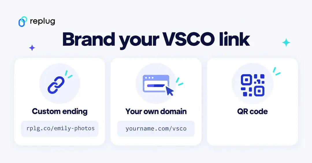 Brand your VSCO link with a custom ending like rplg.co/emily-photos, your own domain like yourname.com/vsco, or a QR code