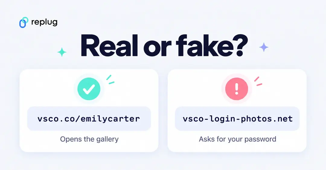 Real or fake VSCO link: vsco.co/emilycarter opens the gallery, while a look-alike domain that asks for your password is fake