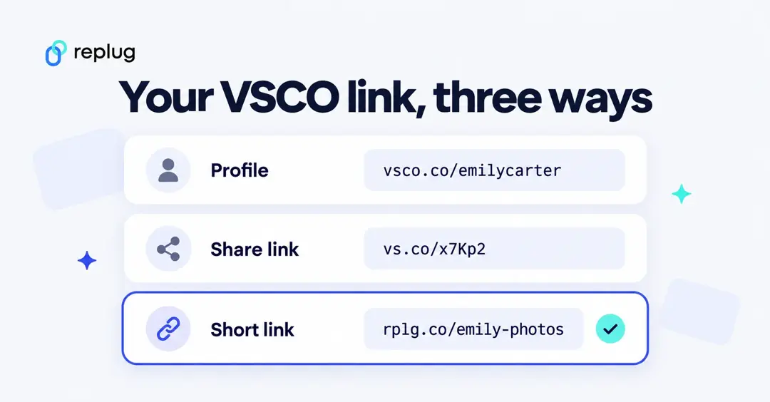 Your VSCO link three ways: the profile link vsco.co/emilycarter, the app share link vs.co/x7Kp2 and the short link rplg.co/emily-photos
