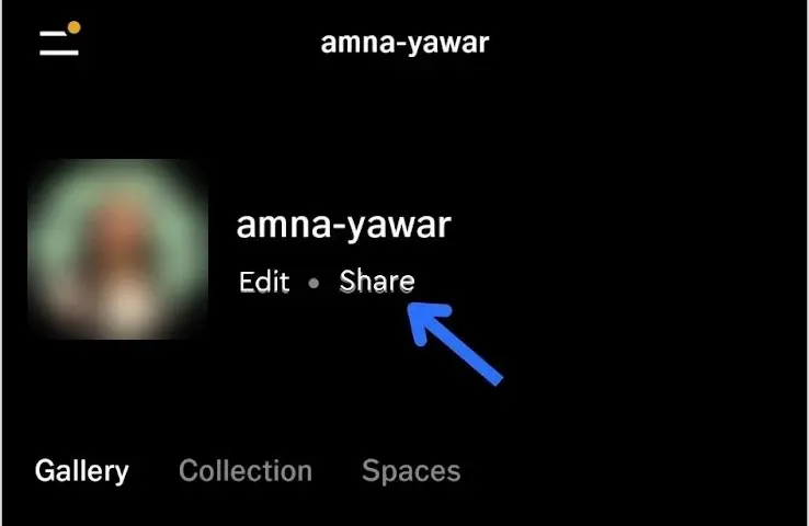 VSCO app profile screen with an arrow pointing to Share, next to Edit, under the username