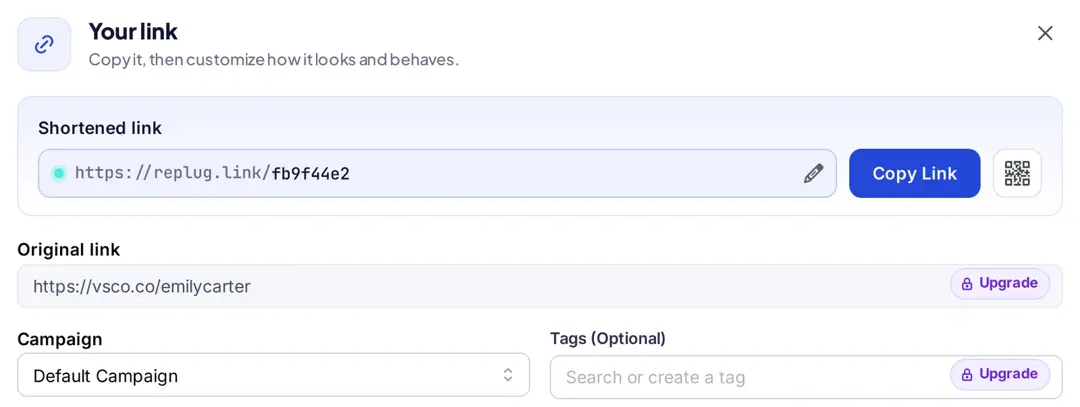 Replug "Your link" window showing the new short link https://replug.link/fb9f44e2 with a Copy Link button, and the original VSCO link below it