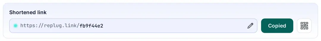 Shortened link panel in Replug after clicking Copy Link: the button now reads Copied