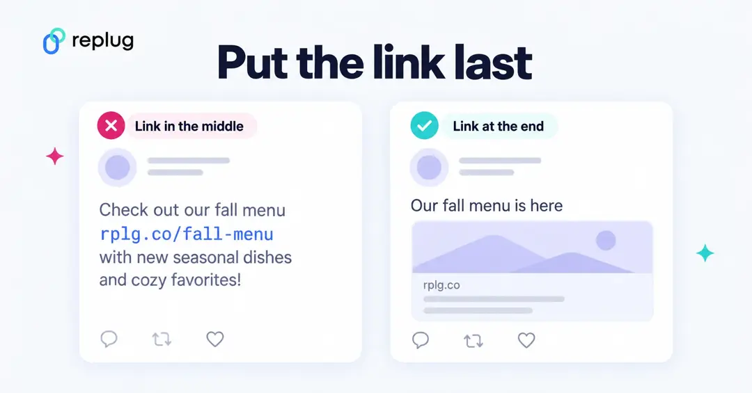 Put the link last: a link in the middle of a post stays visible as text, while a link at the end turns into a preview card
