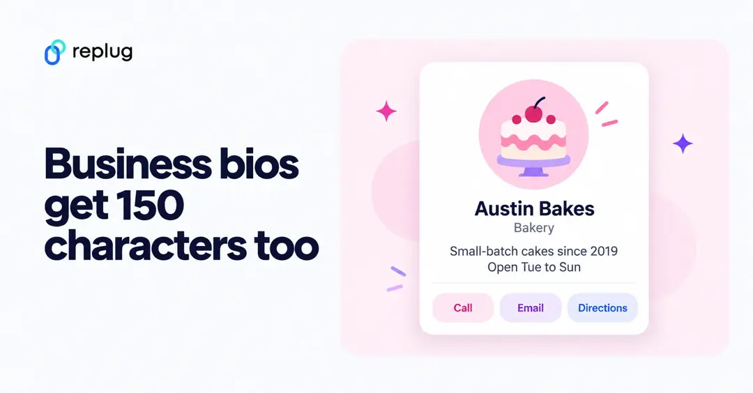 Instagram business account bio: the same 150-character limit, plus contact buttons like Call, Email and Directions