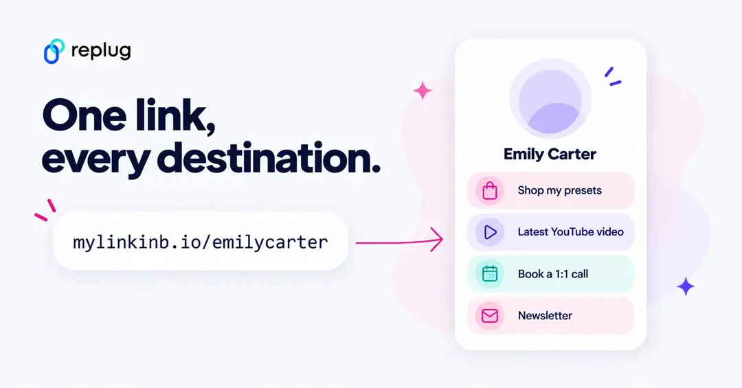 One bio link, mylinkinb.io/emilycarter, opening a link in bio page with buttons for presets, video, calls and newsletter