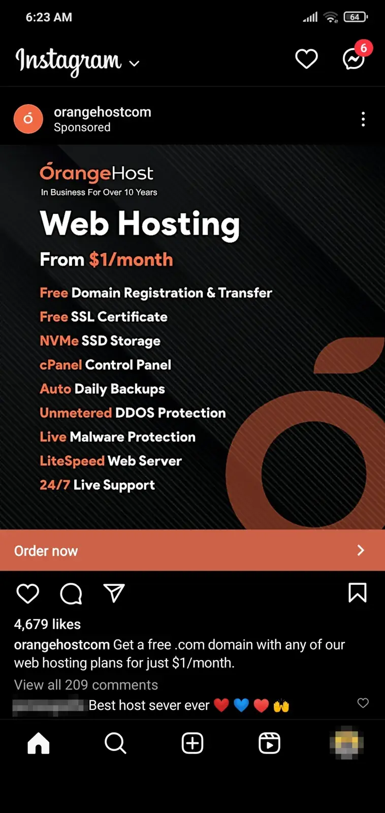 OrangeHost sponsored Instagram ad for web hosting from $1 a month, seen after visiting its site (commenter name and viewer photo blurred)