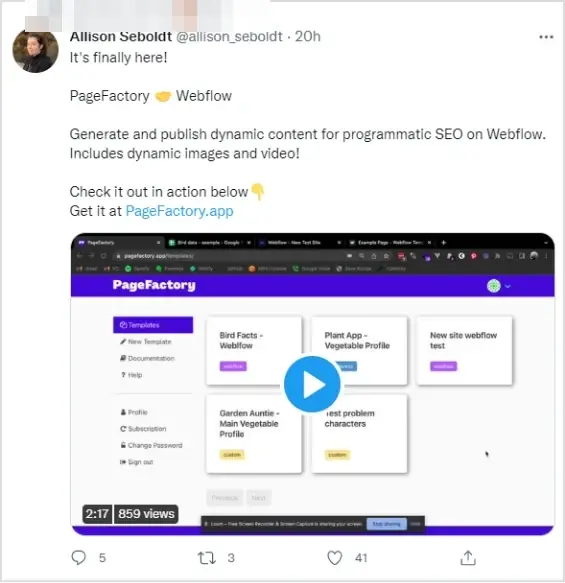 PageFactory launch tweet on X with a short call to action and a link to the app