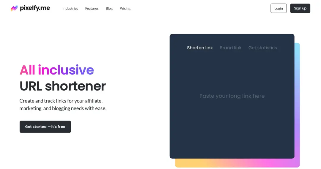Pixelfy URL shortener homepage (checked October 2026)