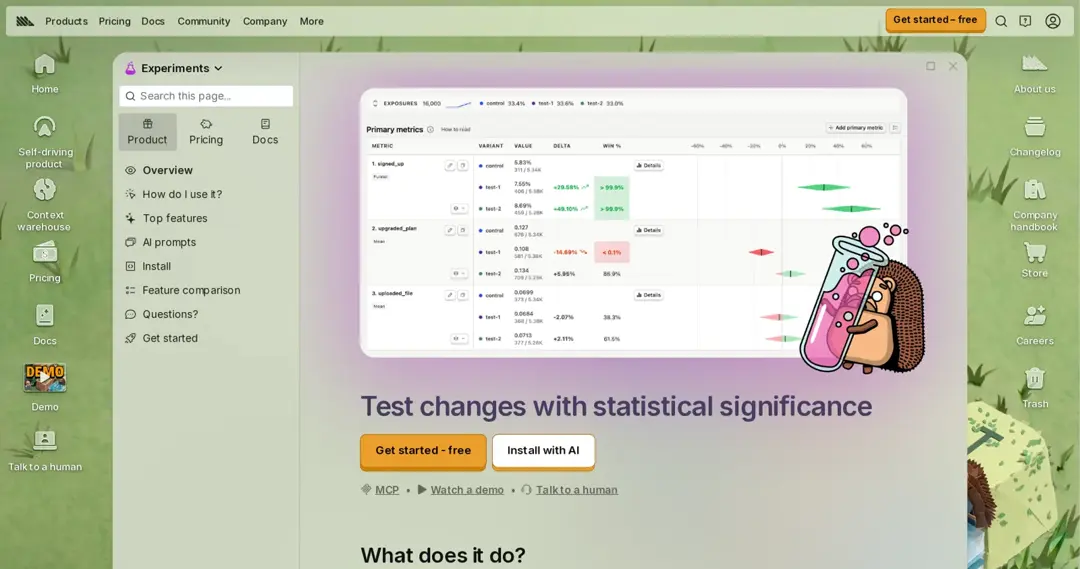 PostHog Experiments product page (checked October 2026)