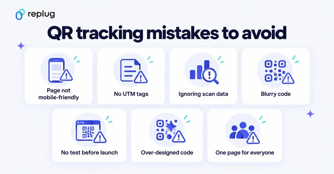 QR code tracking mistakes to avoid: page not mobile-friendly, no UTM tags, ignoring scan data, blurry code, no test before launch, over-designed code, one page for everyone