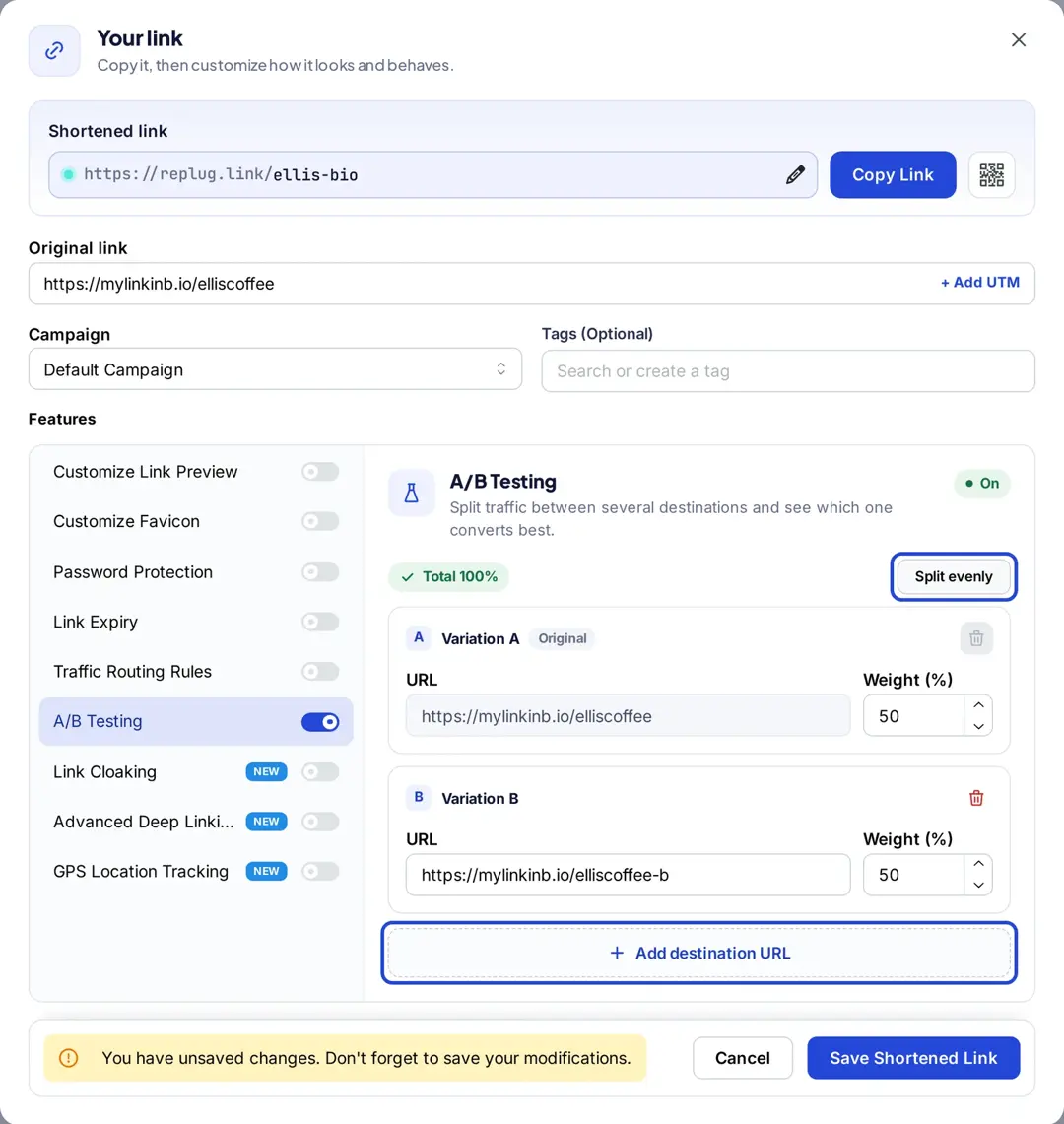 Replug A/B Testing panel with two bio page versions as Variation A and Variation B, split 50/50, with the Split evenly and Add destination URL buttons highlighted
