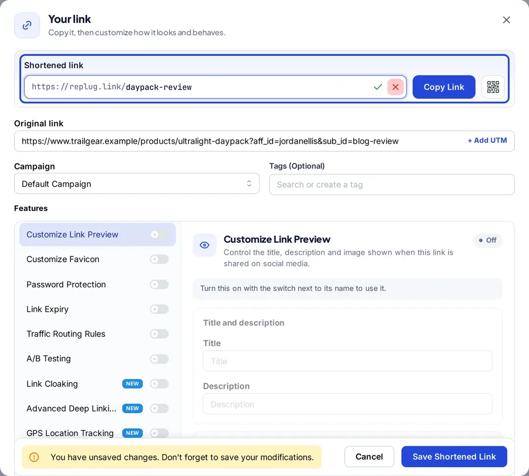 Your link window in Replug with the affiliate link shortened to replug.link/daypack-review
