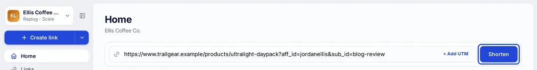 Replug Home screen with an affiliate URL pasted in the shorten field and the Shorten button highlighted