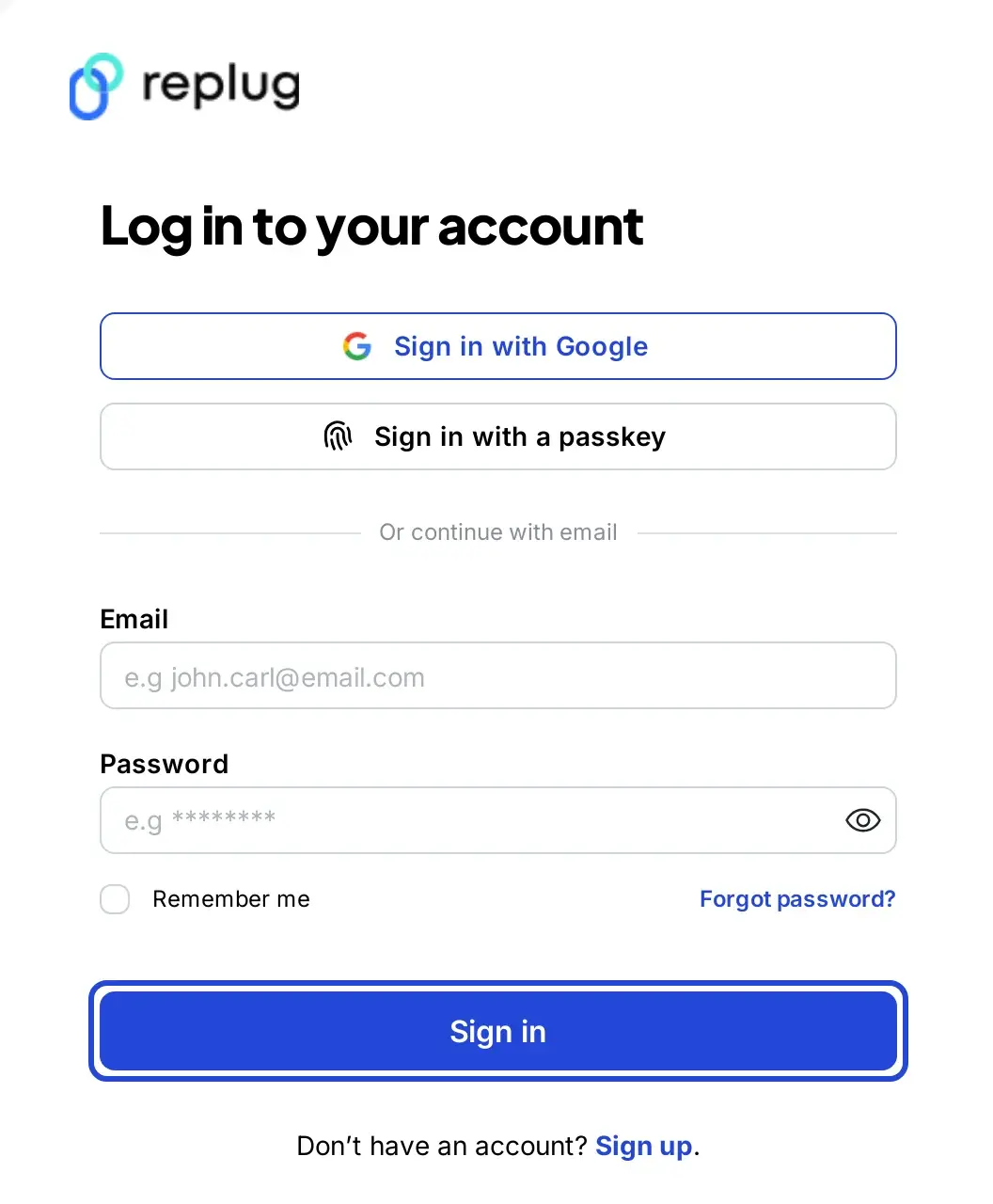 Replug log-in page with Google, passkey and email sign-in