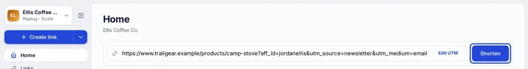 Affiliate link with UTM tags pasted into the shorten field on the Replug Home screen