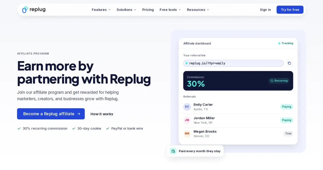 Replug affiliate program page (checked October 2026)