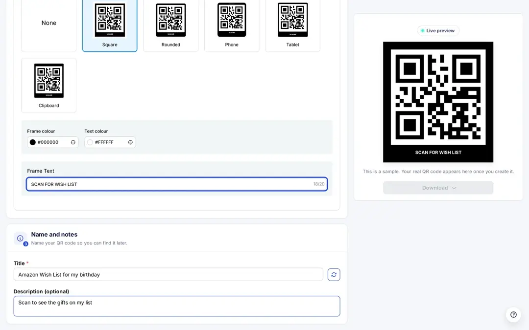Replug QR code design settings with a square frame, the frame text Scan for Wish List and the live preview of the QR code