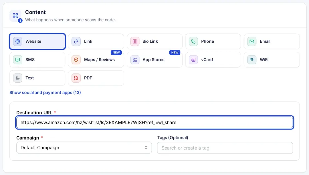 Replug QR code editor with Website selected as the QR code type and an Amazon Wish List URL in the Destination URL field