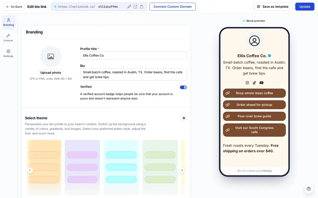 Replug bio page editor: profile title, bio, verified badge and theme picker, with a live phone preview of a coffee shop bio page