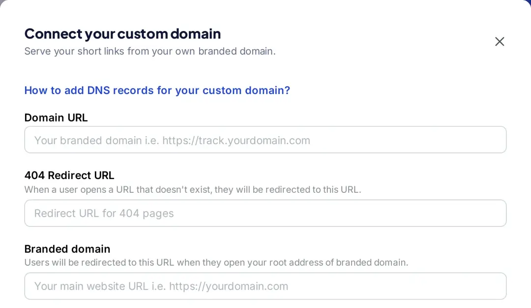Connect your custom domain window in Replug with Domain URL, 404 Redirect URL and Branded domain fields