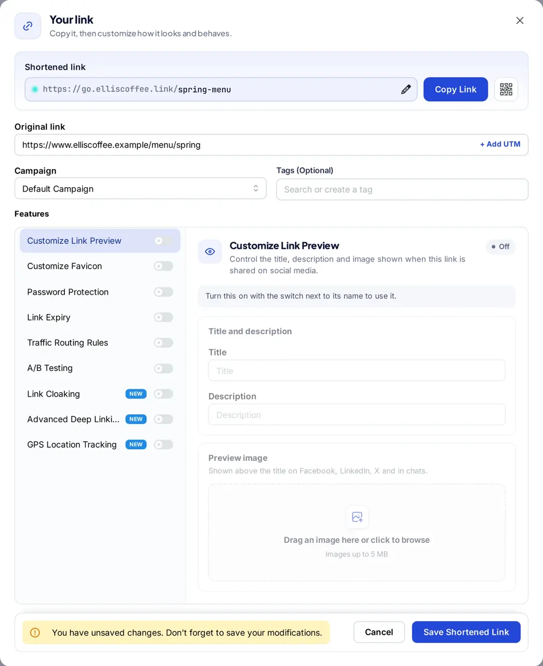 Replug Your link window with features such as Customize Link Preview, Customize Favicon, Password Protection, Link Expiry, Traffic Routing Rules and A/B Testing