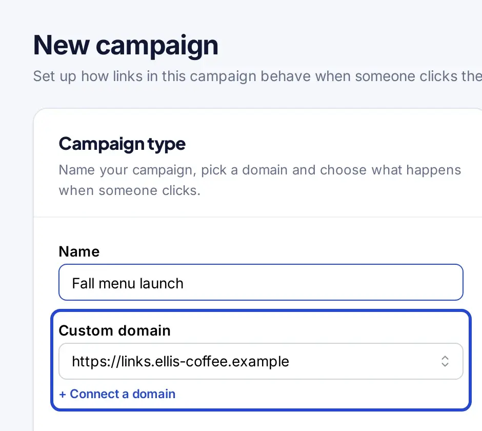 Replug New campaign screen with the Custom domain field set to a connected branded domain