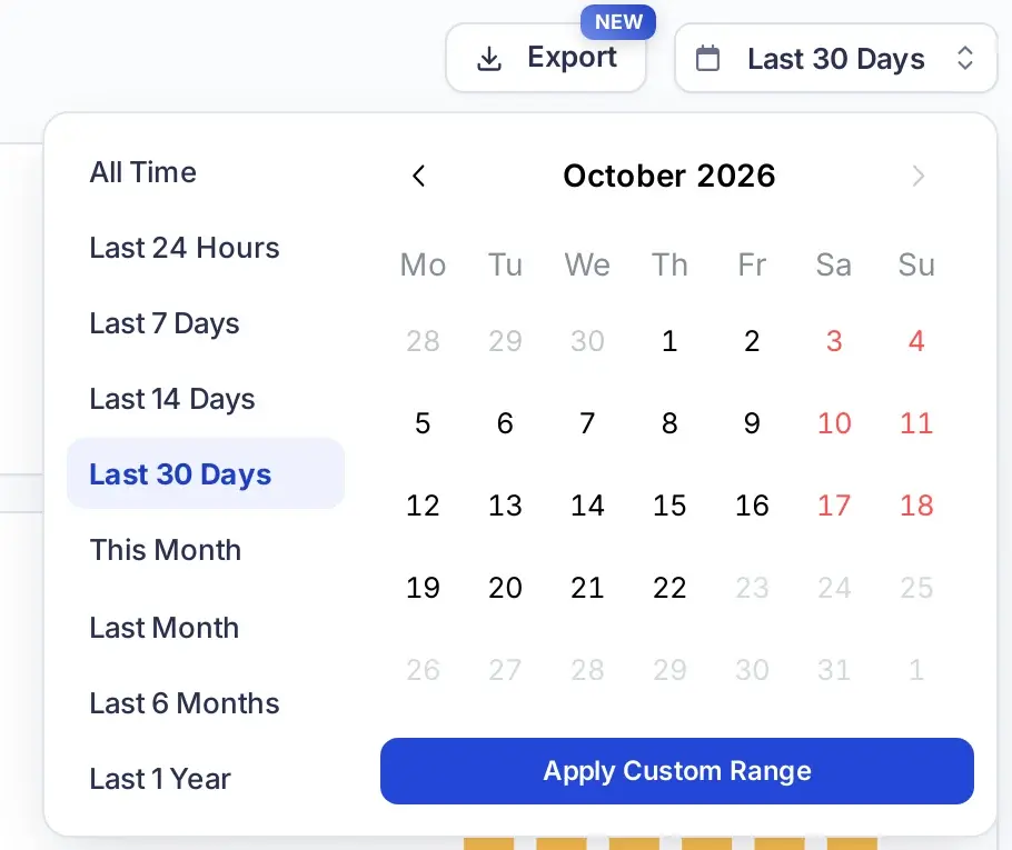 Replug Analytics date range menu with presets such as Last 30 Days and a custom range calendar