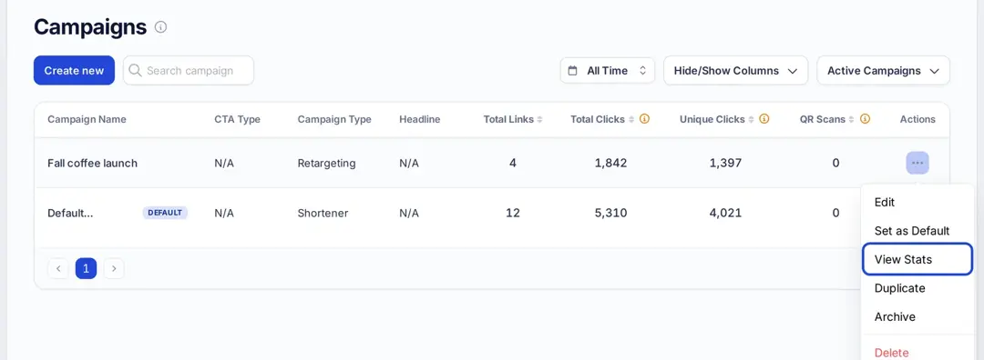 Replug Campaigns page with the Actions menu open and View Stats highlighted