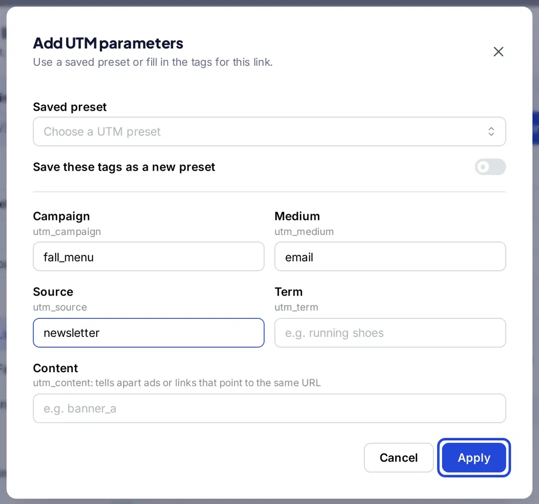 Replug Add UTM parameters window with campaign fall_menu, medium email and source newsletter