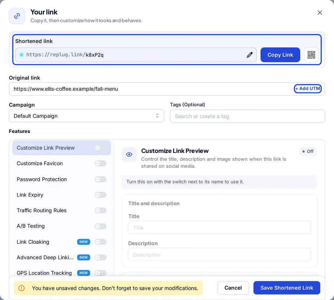 Replug Your link window showing the new replug.link short link and the Add UTM option