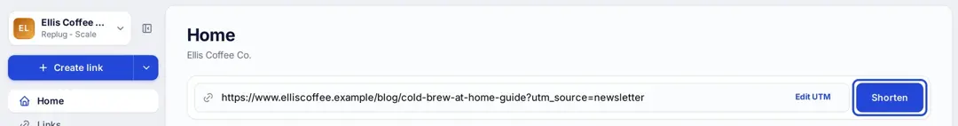 Replug Home page with a long URL pasted into the shorten box and the Shorten button highlighted