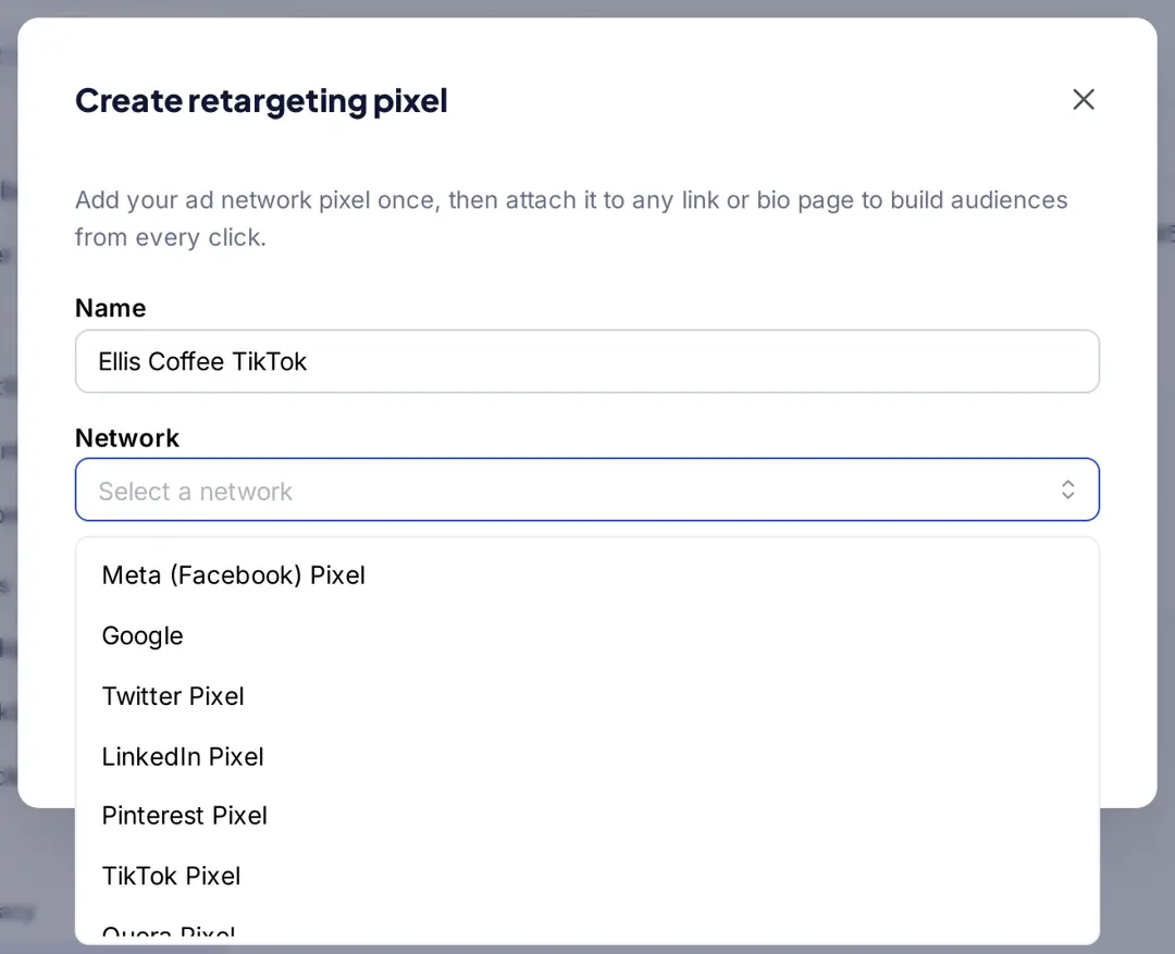 Replug Create retargeting pixel window listing the supported networks: Meta, Google, Twitter, LinkedIn, Pinterest, TikTok and Quora