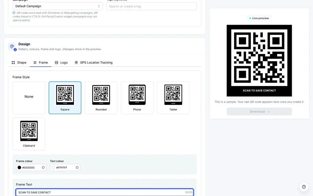 Replug QR code design Frame tab with a square frame and the frame text Scan to save contact shown in the live preview