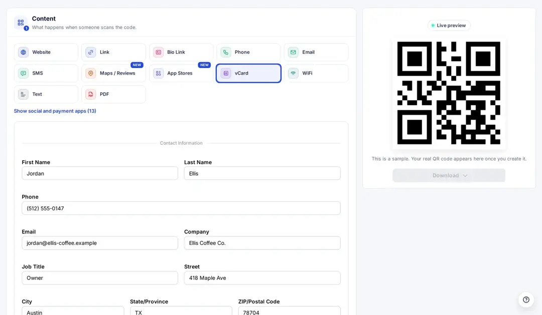 Replug New QR code page with vCard selected and contact fields filled in for Jordan Ellis of Ellis Coffee Co.