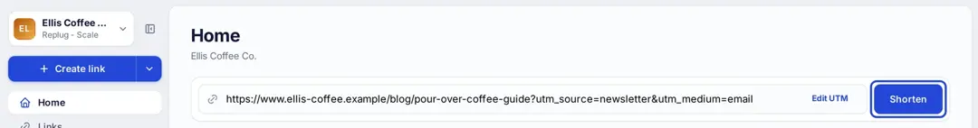 Replug Home page with a long blog URL pasted into the shorten box and the Shorten button highlighted