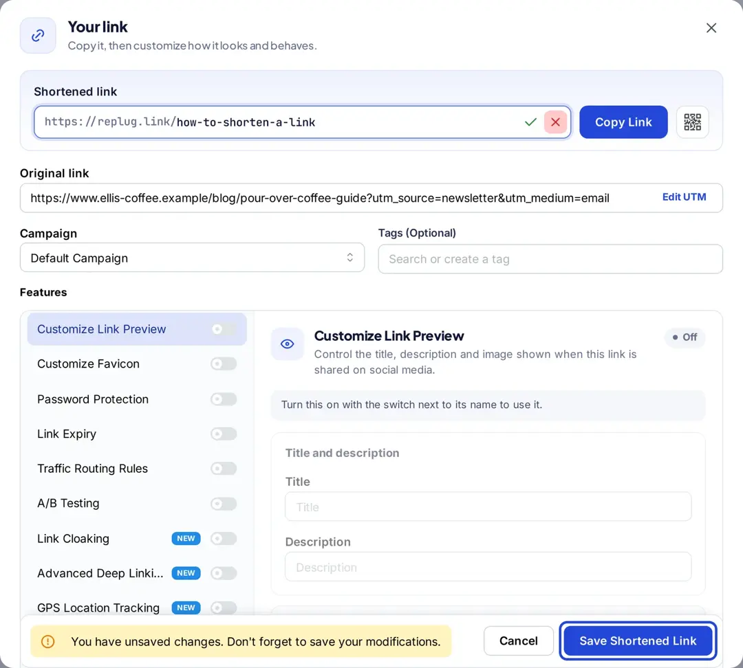 Replug Your link window with the Save Shortened Link button highlighted