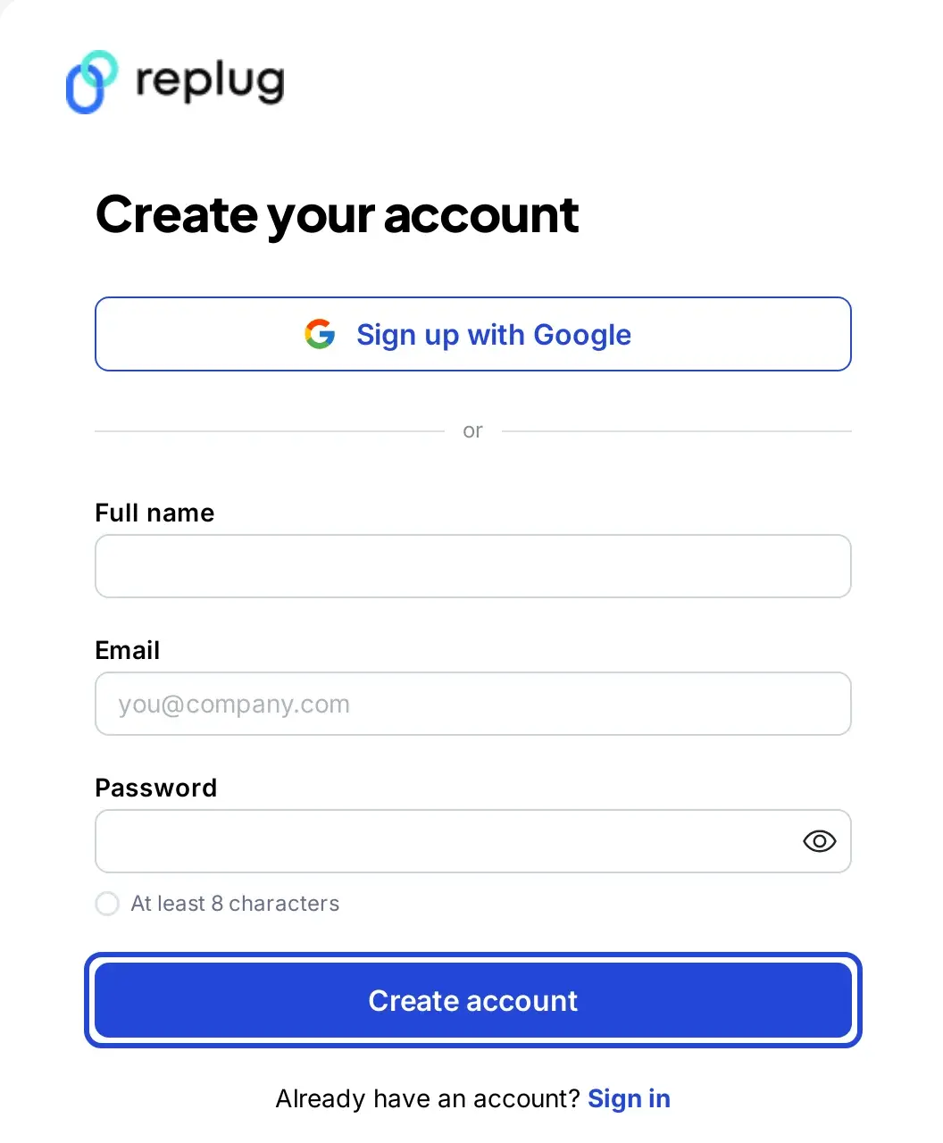 Replug Create your account page with Google sign-up, full name, email and password fields