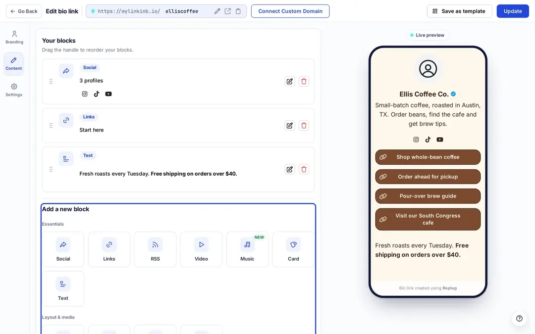 Replug bio link editor on the Content tab with the Add a new block section highlighted: Social, Links, RSS, Video, Music, Card and Text
