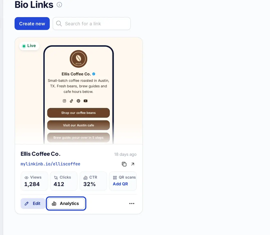 Bio link card in Replug showing views, clicks and CTR with the Analytics button highlighted