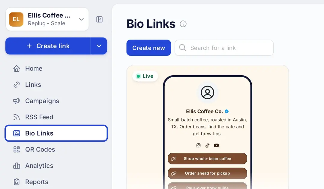 Replug left menu with Bio Links highlighted next to the Bio Links page