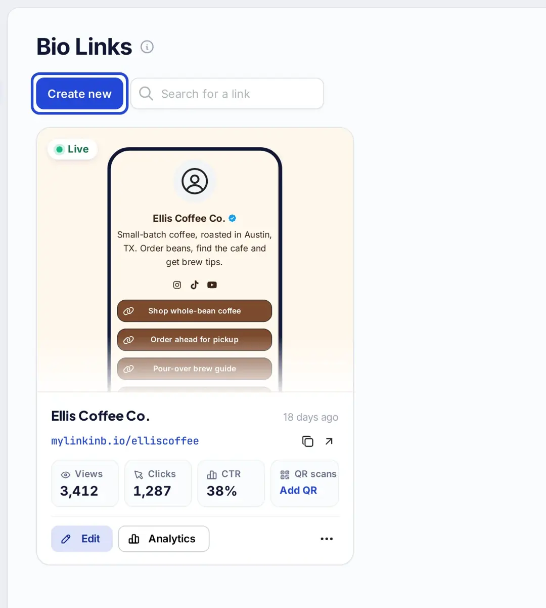 Replug Bio Links page with the Create new button highlighted above an existing bio page card