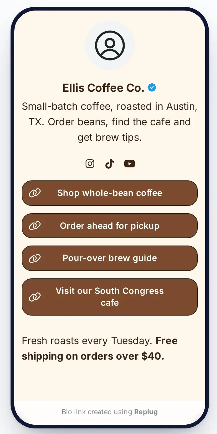 Example Replug bio link page for a coffee roaster with social icons, four link buttons and a short text block