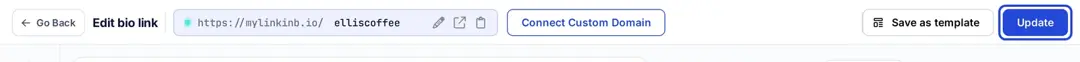 Replug bio link editor header with the Update button highlighted to publish changes