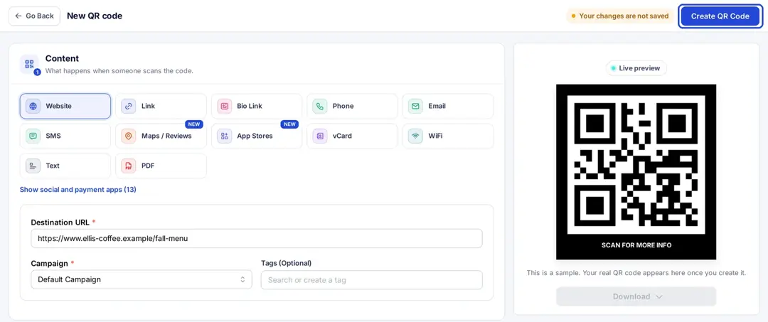 Replug New QR code editor with Website selected, a destination URL, a campaign and a live preview of the QR code