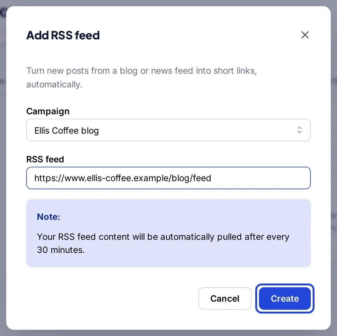 Replug Add RSS feed window with a campaign selected, a blog feed URL and the Create button highlighted