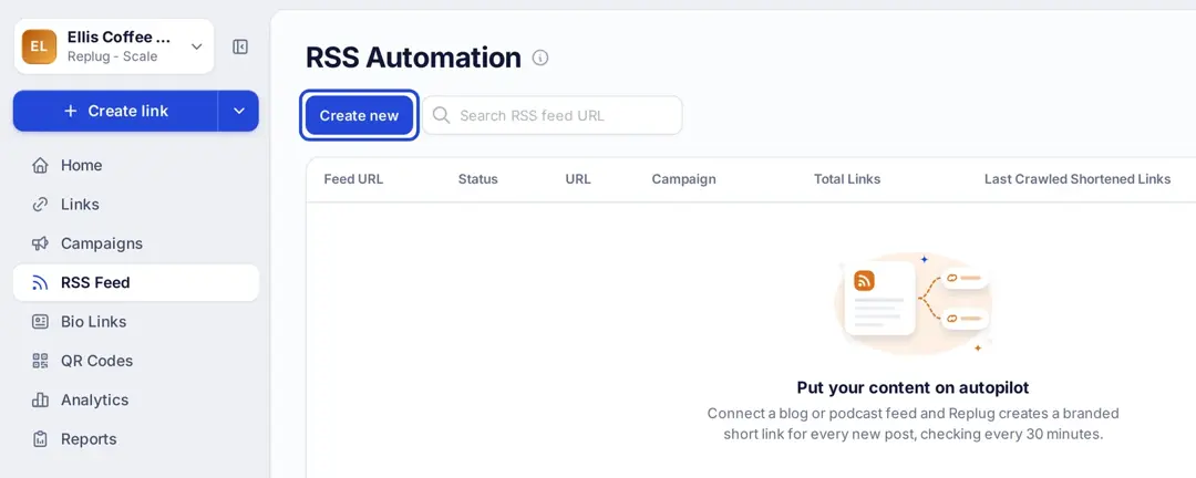 Replug RSS Automation page with the Create new button highlighted