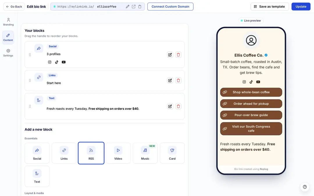 Replug bio link editor Content tab with the RSS block highlighted under Add a new block