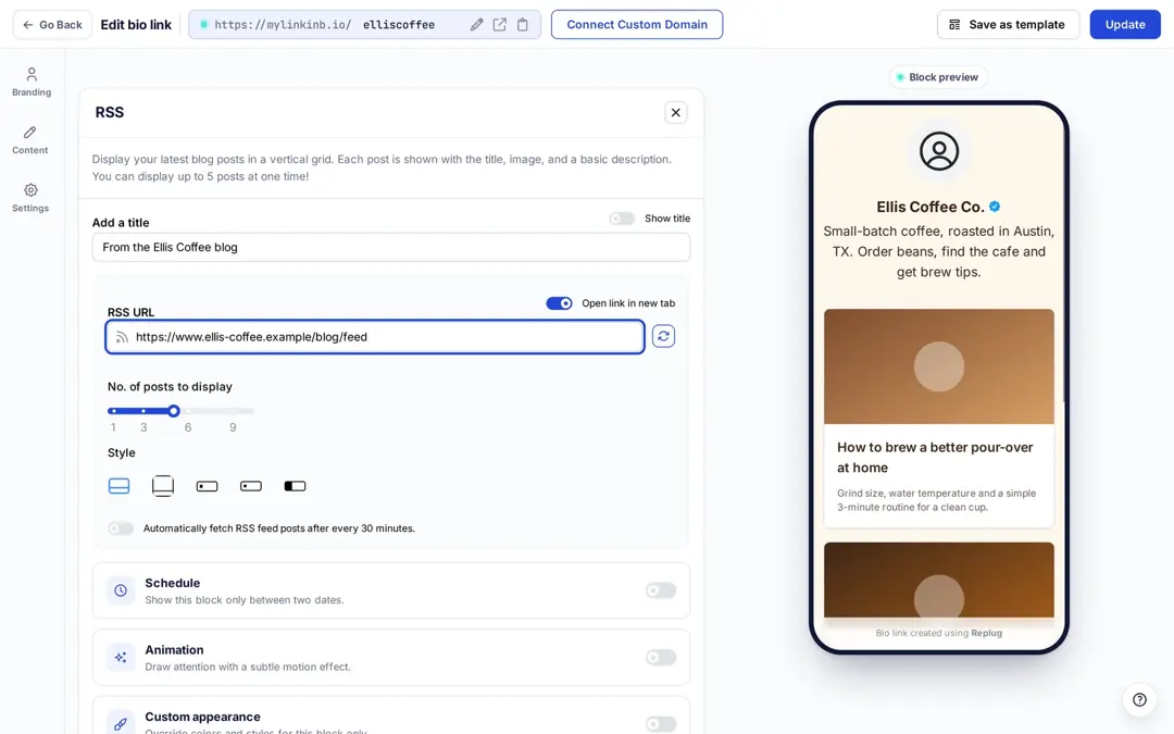 Replug RSS block settings with a blog feed URL and the latest posts shown in the bio page preview