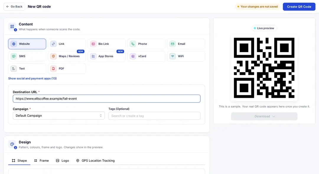 Replug New QR code page with Website type selected, a destination URL and a live preview